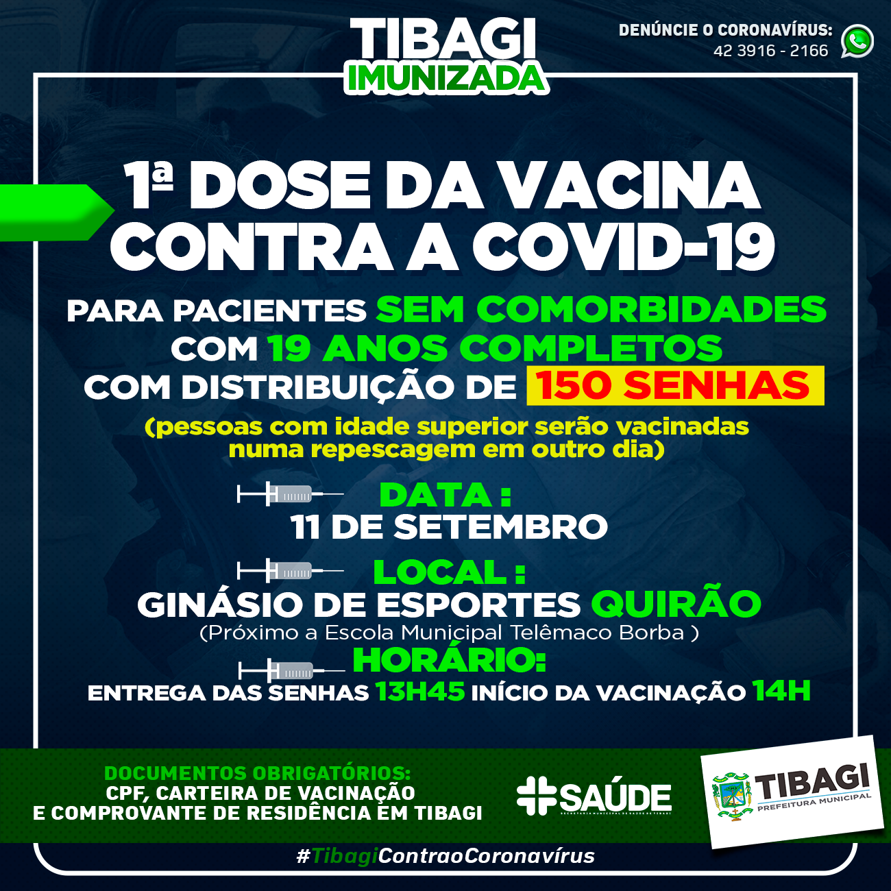 AMANHÃ! Tibagi vacina pessoas com 19 anos contra a Covid-19