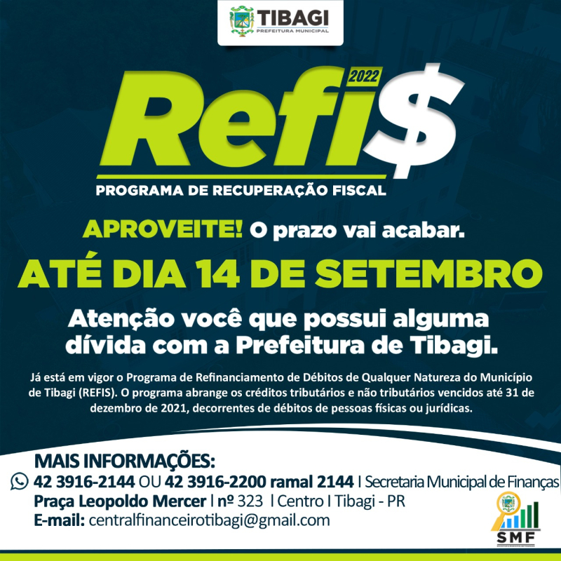 ATÉ AMANHÃ! Prazo de adesão ao REFIS em Tibagi vai até esta quarta-feira