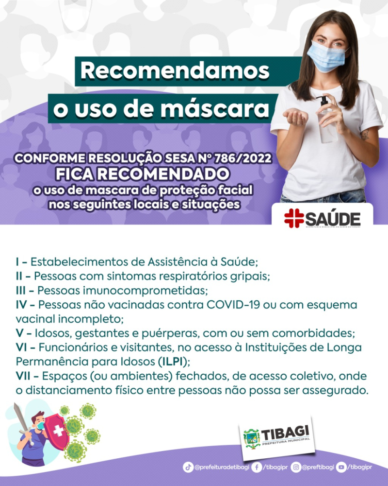 Saúde de Tibagi recomenda novamente o uso de máscara para o combate à Covid-19