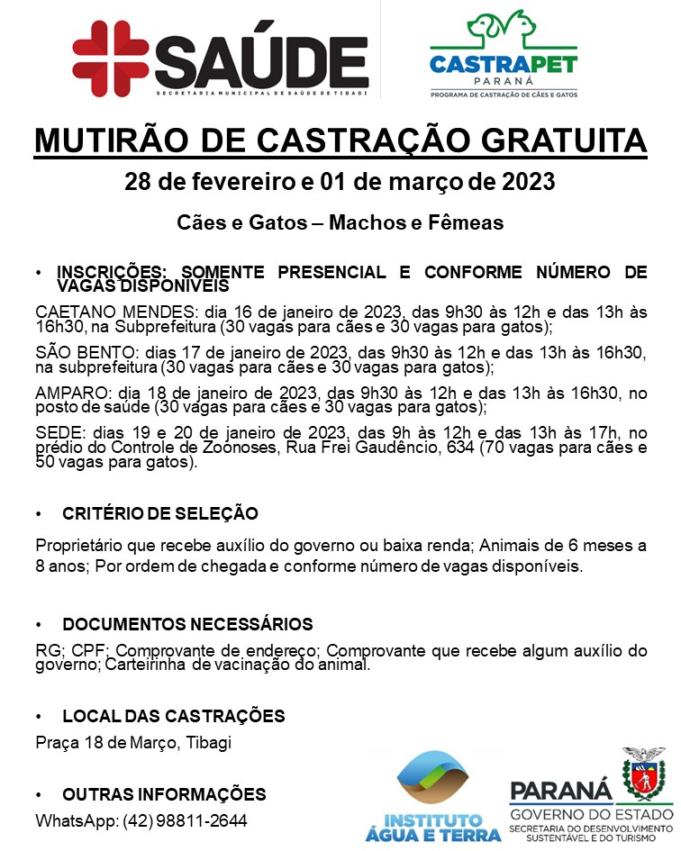 Saúde de Tibagi realiza castração gratuita de cães e gatos