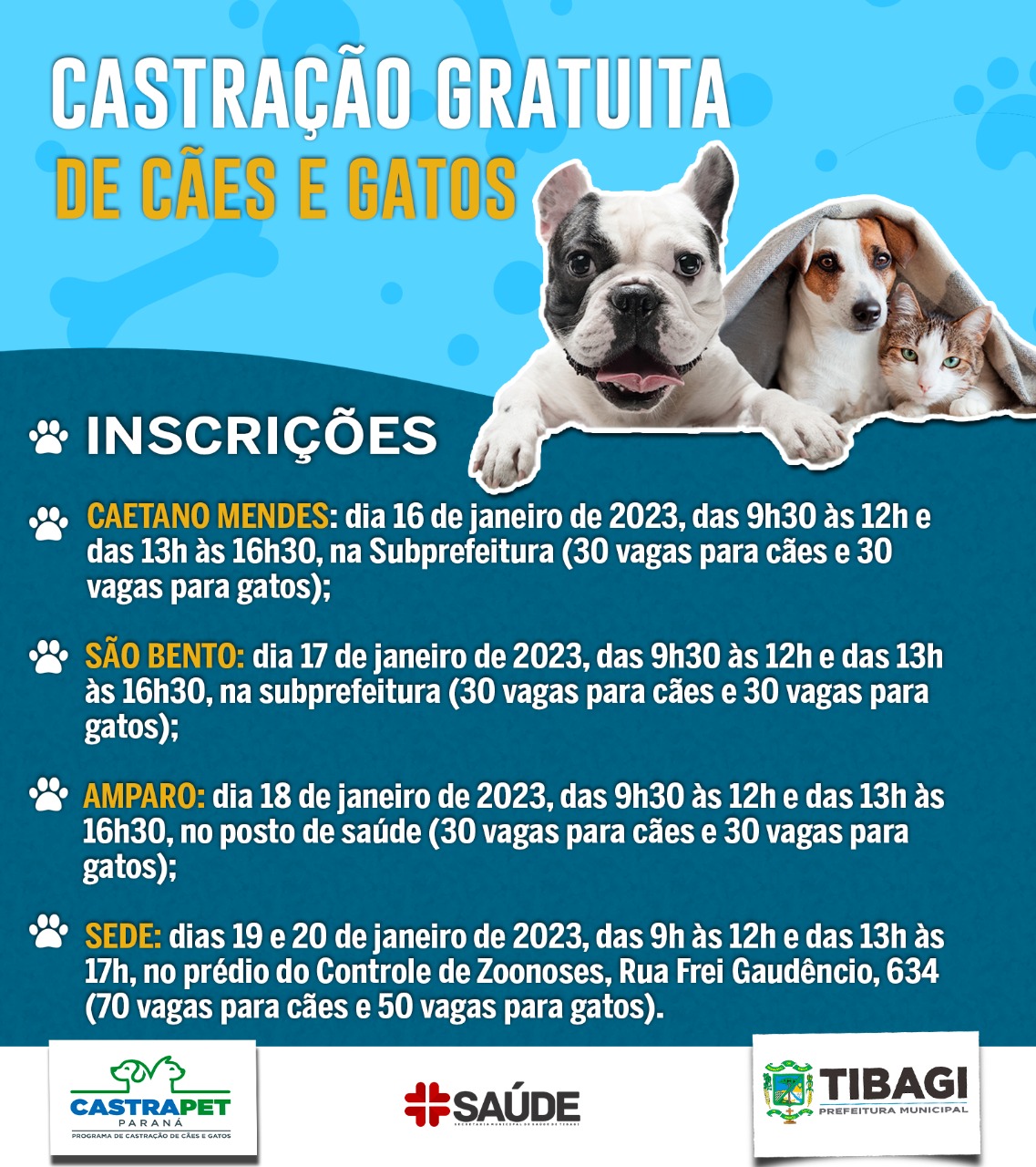 Inscrições para castração gratuita de cães e gatos acontece na próxima semana em Tibagi