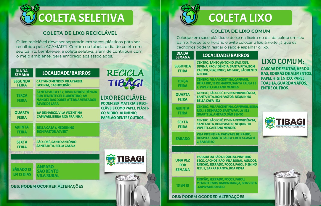 Meio Ambiente de Tibagi define datas da coleta de lixo e de recicláveis