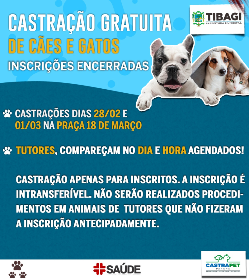 AMANHÃ! Tibagi realiza a castração gratuita de cães e gatos