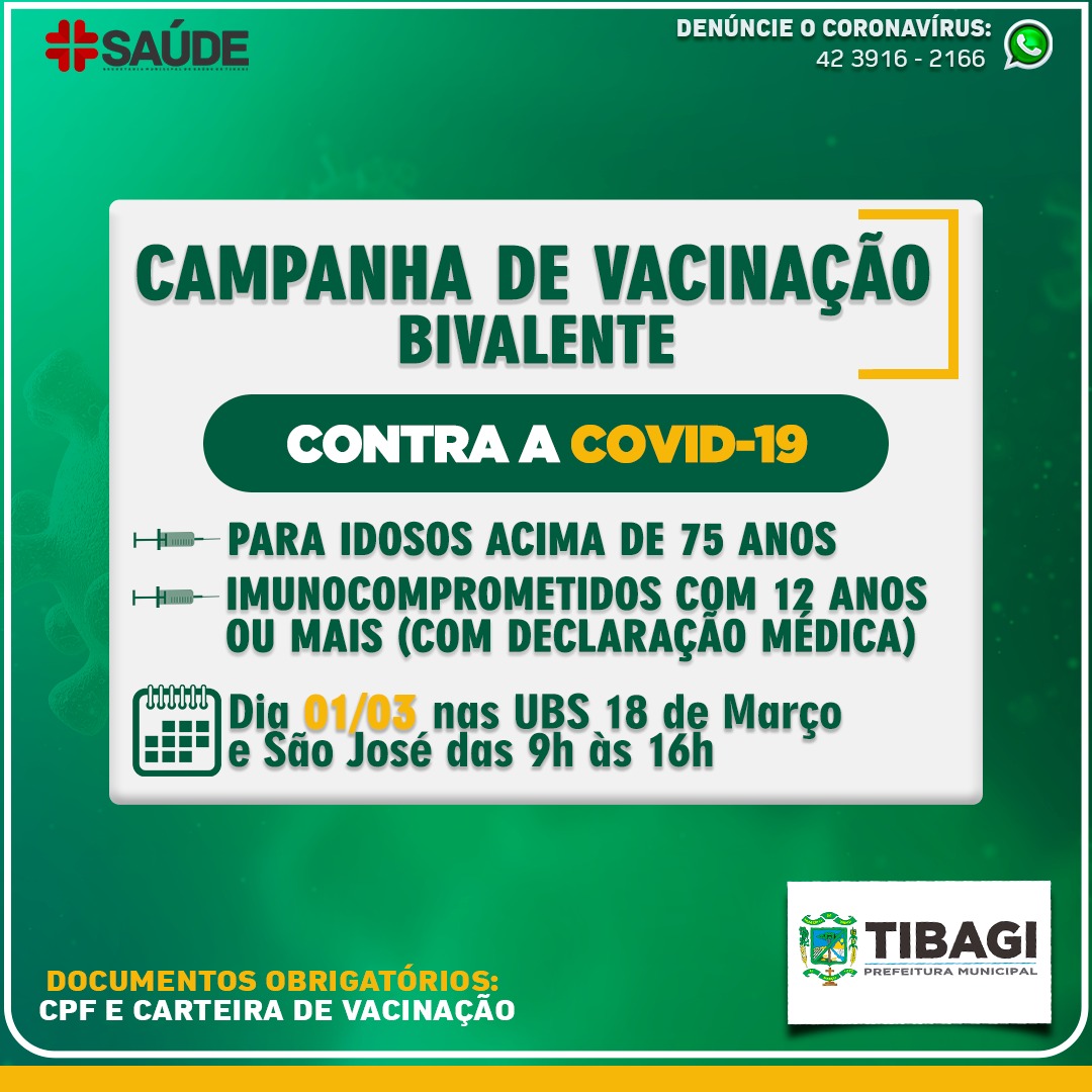 AMANHÃ! Saúde de Tibagi inicia campanha de vacinação bivalente contra a Covid-19